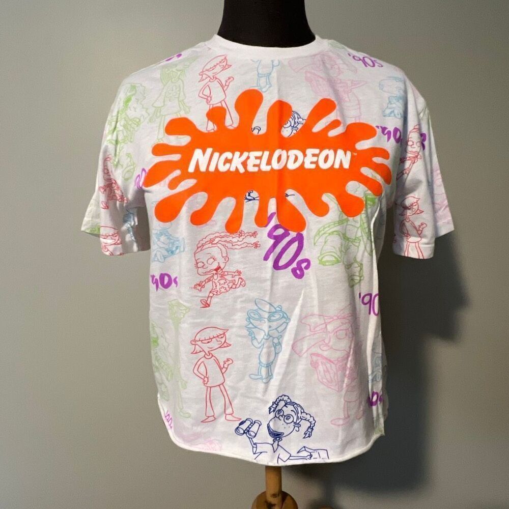 Nickelodeon Women's Multicolor All Over Cartoon Print Cropped Top T-Shirt Small